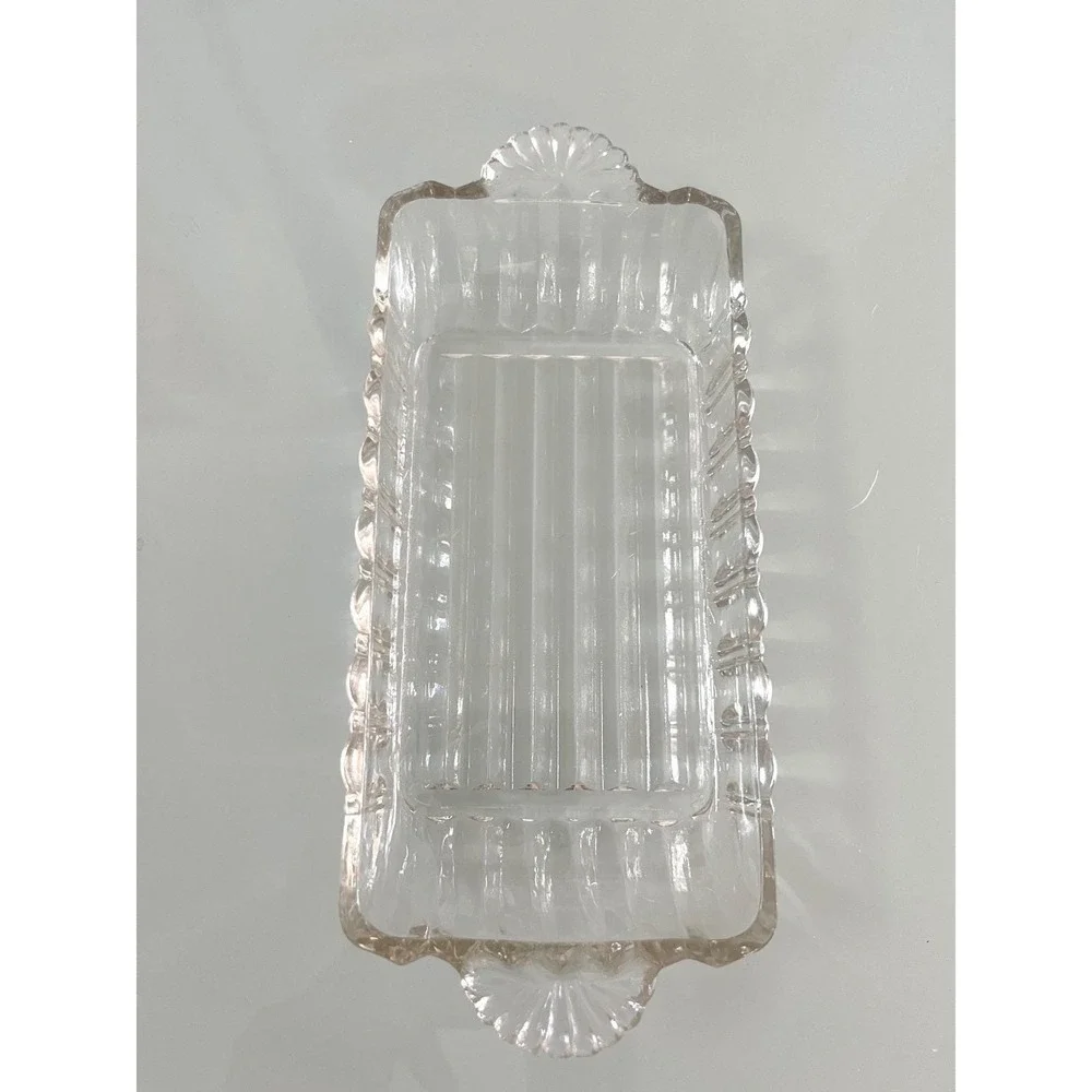 1950s Anchor Hocking Glass Clear Relish Trinkets Dish Vanity Handle Ridge‎